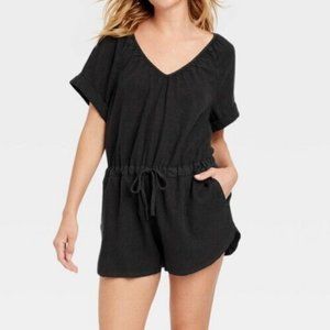 Universal Thread Black Linen Blend Romper Size S Pockets V Neck Tie Waist